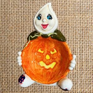 Vintage Ghost Jack-O’-Lantern Ceramic Candy Dish – Hand-Painted Halloween Decor